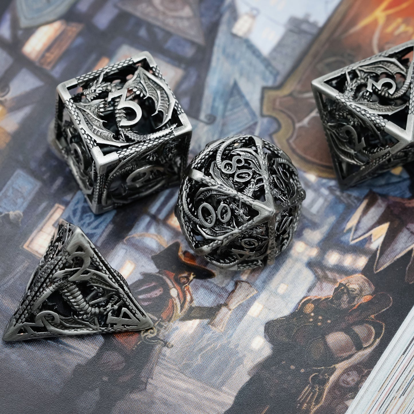 Ancient Silver Dragon - Hollow Metal Dice Set