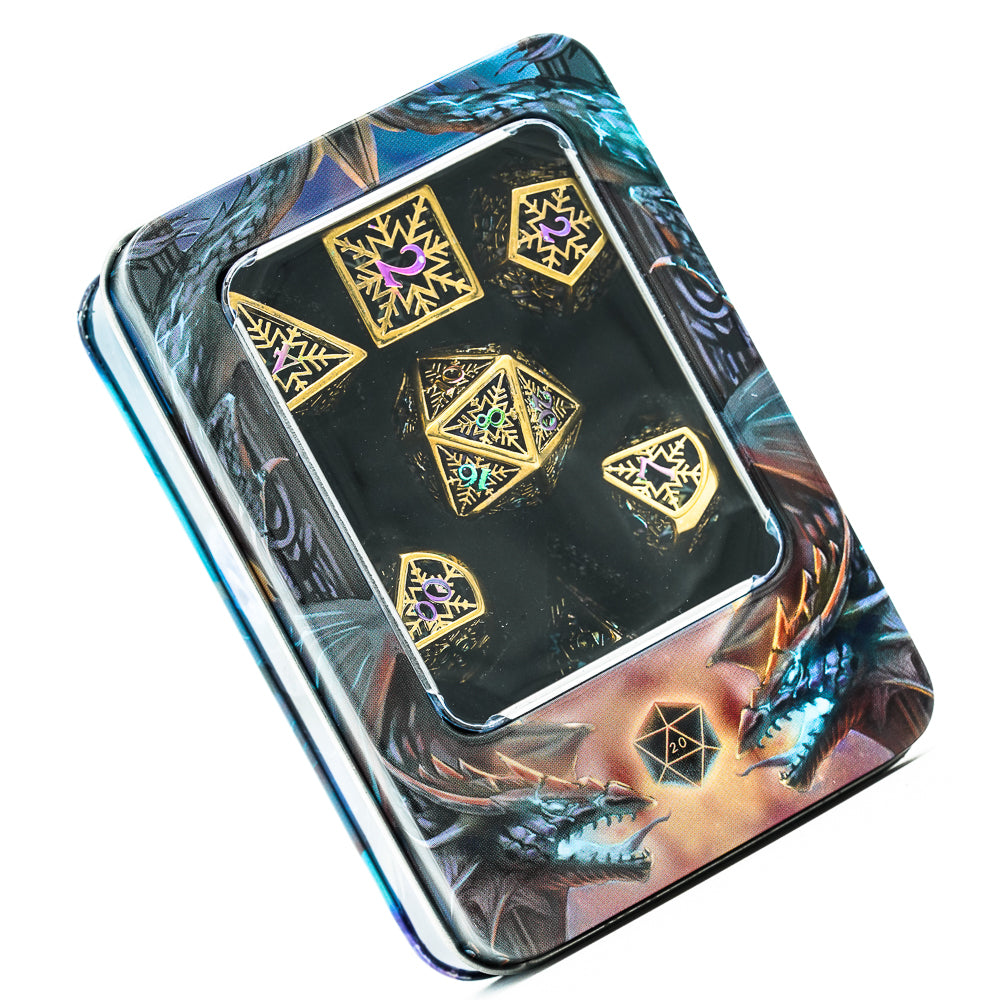 7 piece dice set in artistic dragon case