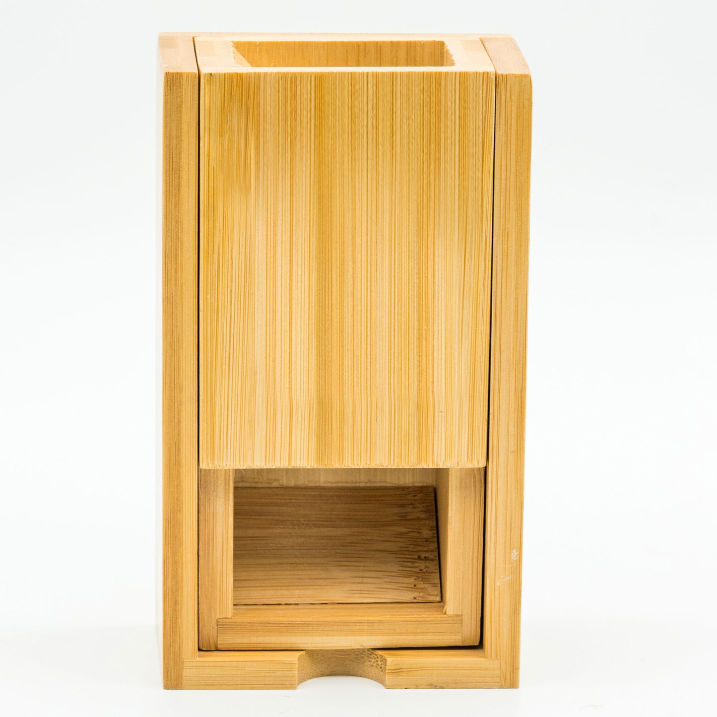 Bamboo dice tower in folded form, back side