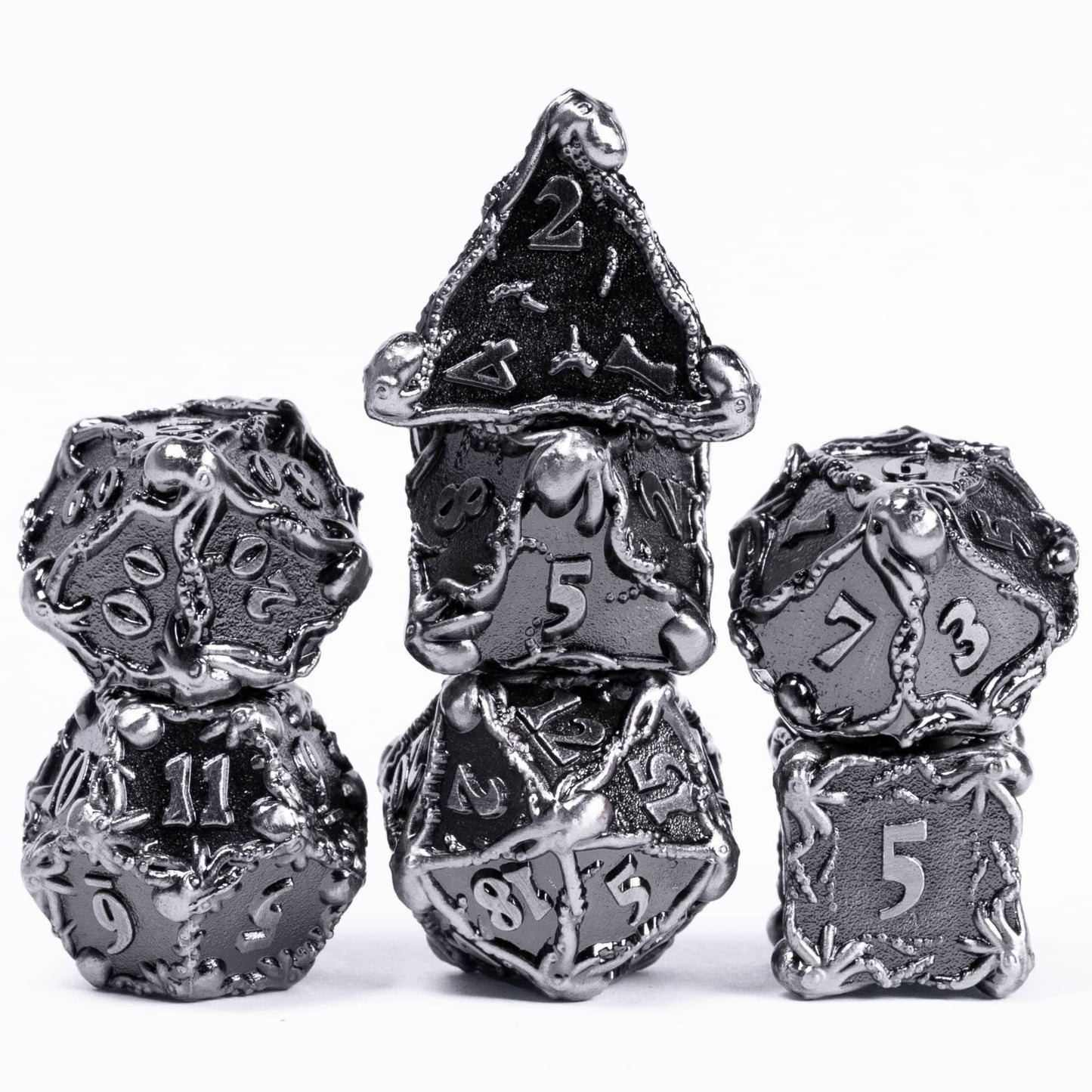 Full 7 piece silver colored metal octopus dice set