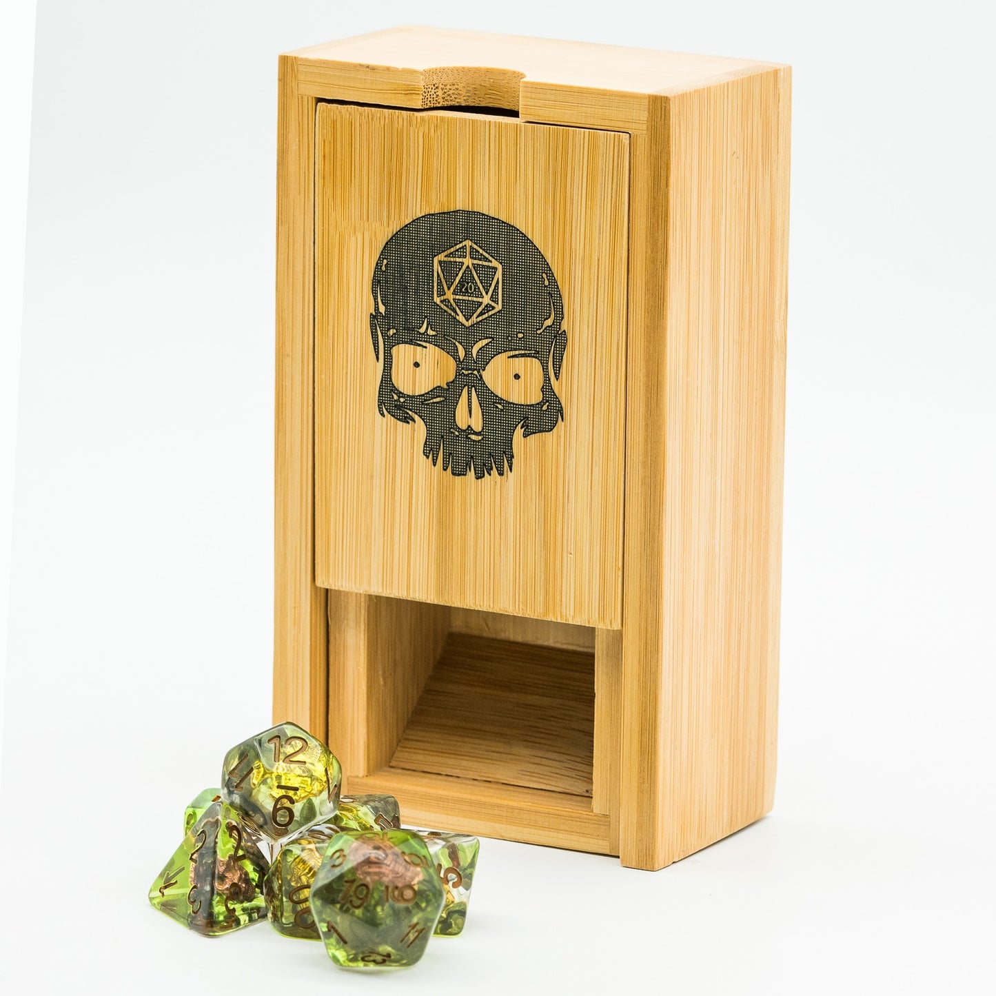 folded bamboo dice tower with dice set in front for scale