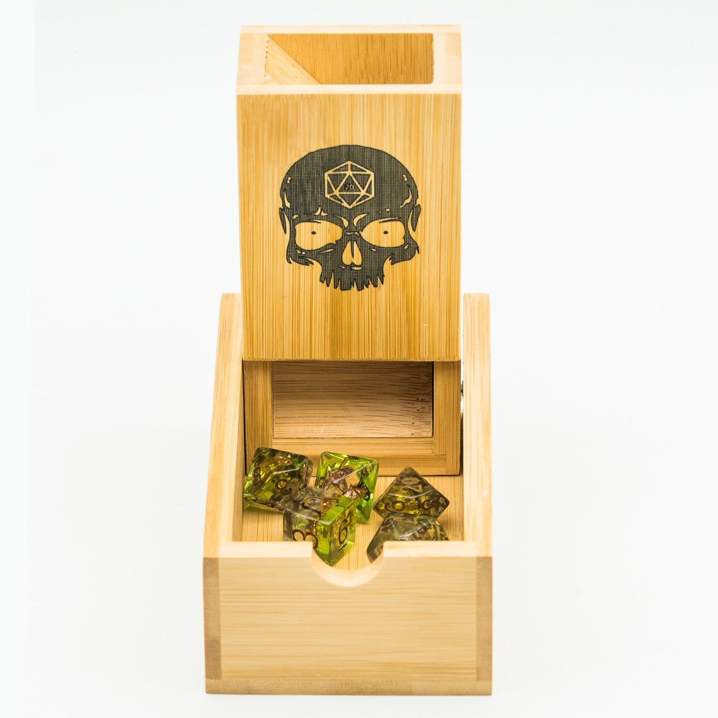 Unfolded dnd bamboo dice tower with dice set inside