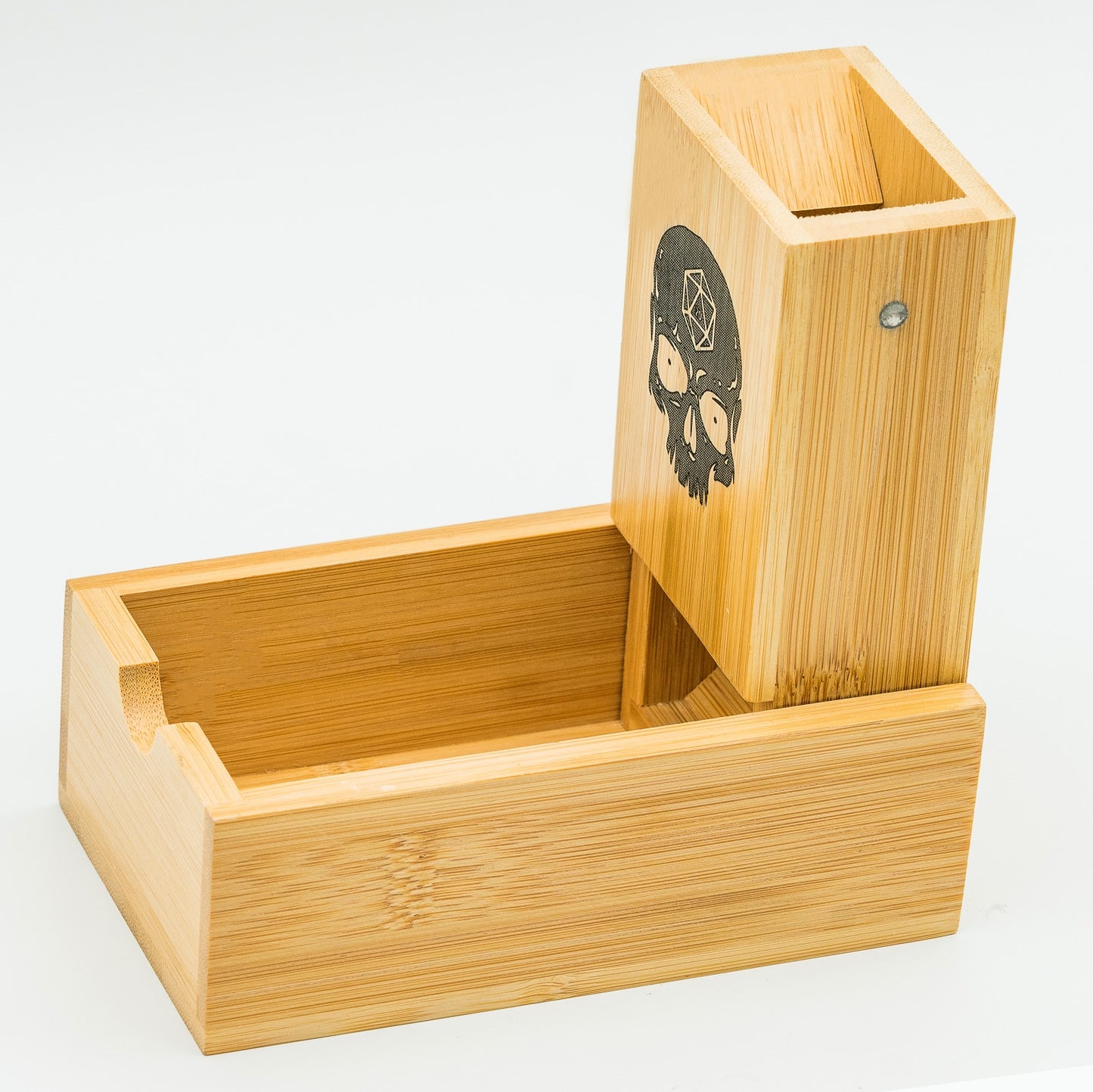 Bamboo dice tower with printed d20 skull on the front