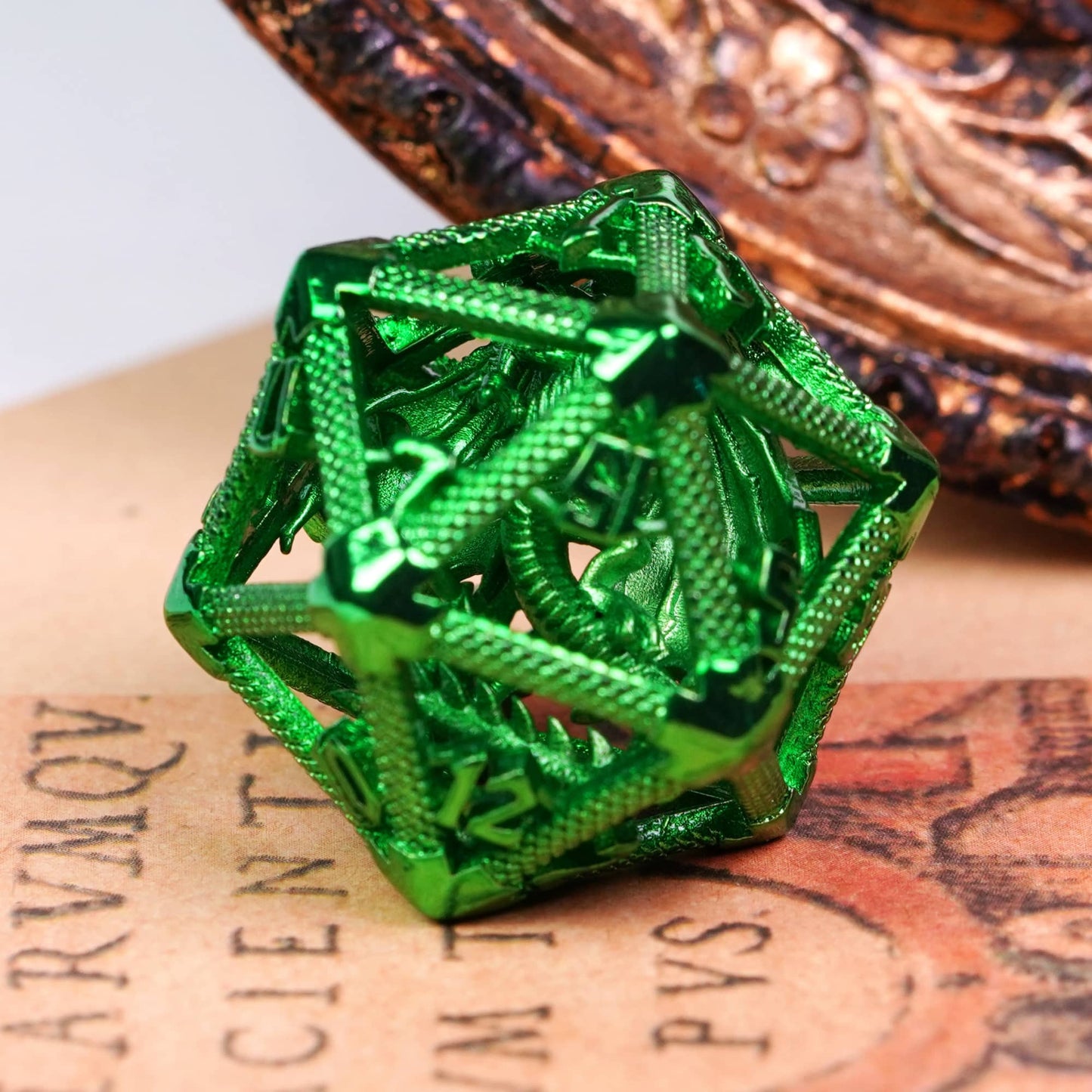 Green hollow metal d20