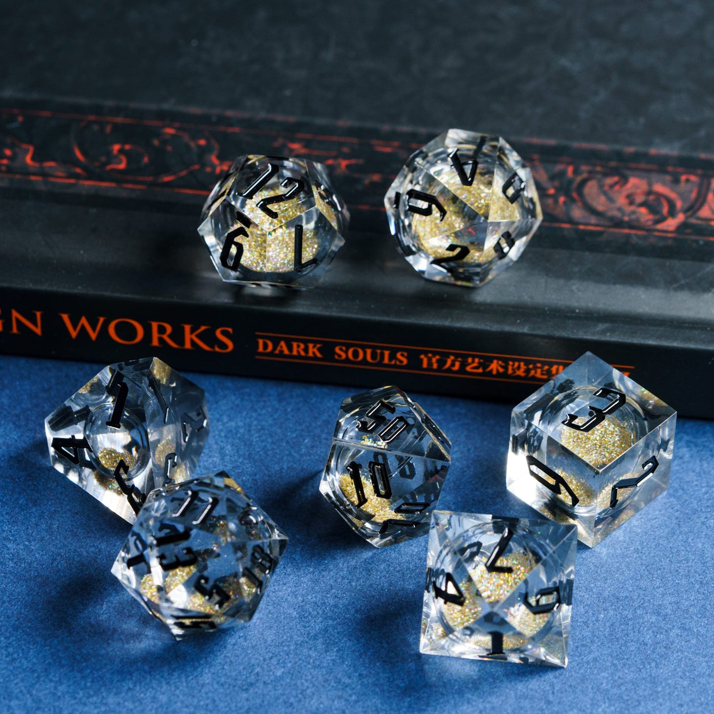 Clear 7 piece quicksand dice set with yellow sand