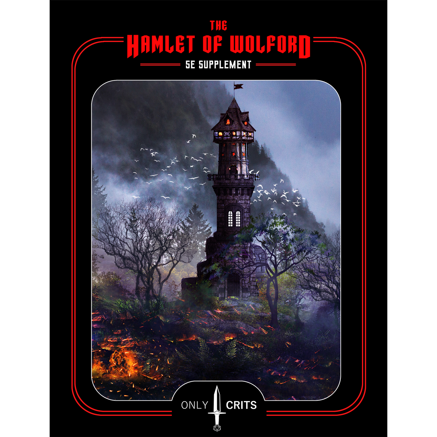 Cover art for 'The Hamlet of Wolford' adventure supplement, depicting a dark and foreboding scene with a tower and mystical elements, under a night sky.