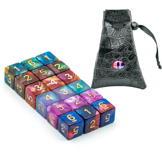Dragon Eye d6 set in vibrant colors shown with textured black pouch for DND and RPG