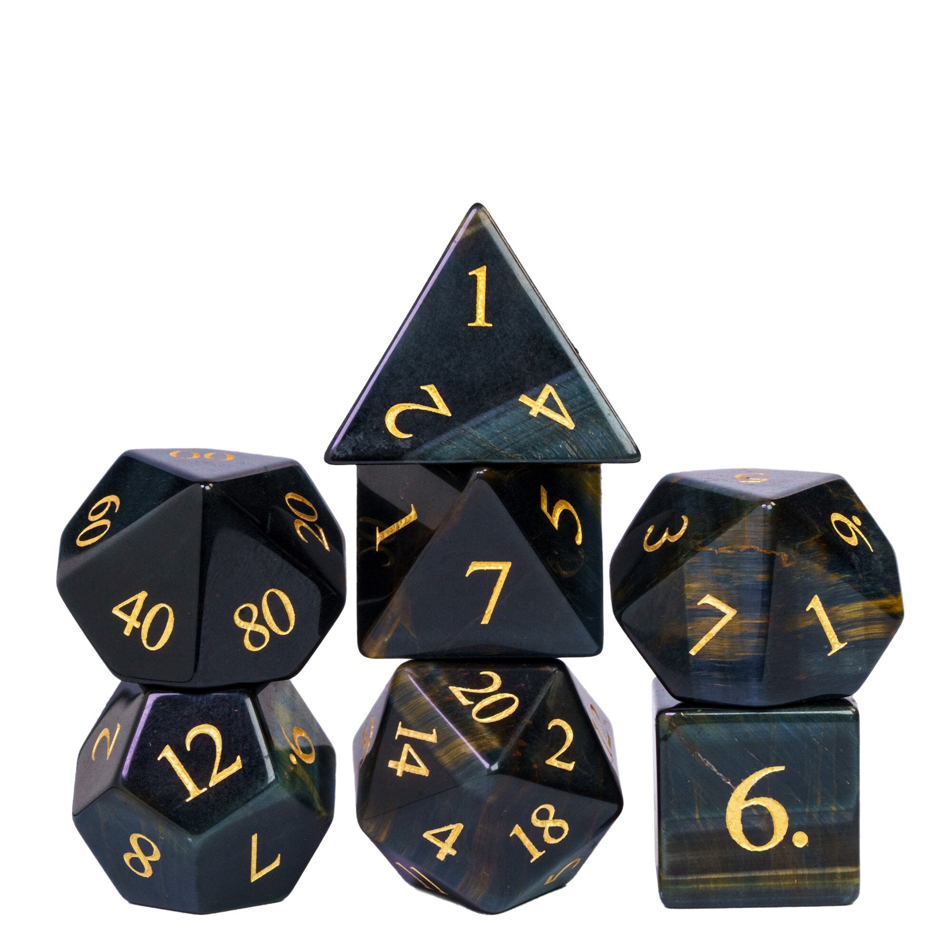 Dwarven Collectables blue tiger eye stone dice set for DnD & DnD 5e, polished RPG dice with gold numbers
