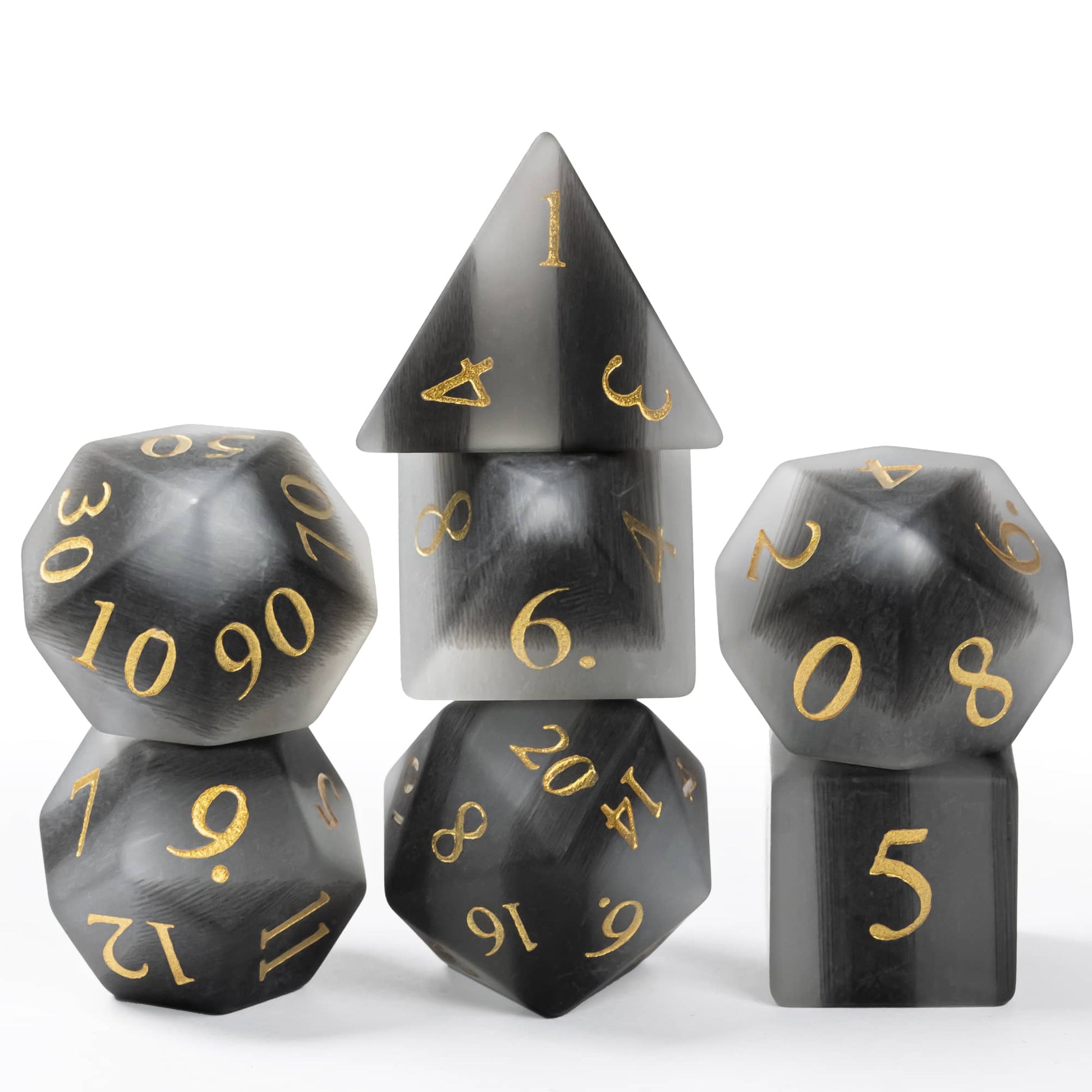 Dwarven Collectables frosted black white stone dice set for DnD & DnD 5e, premium RPG dice with gold numbers