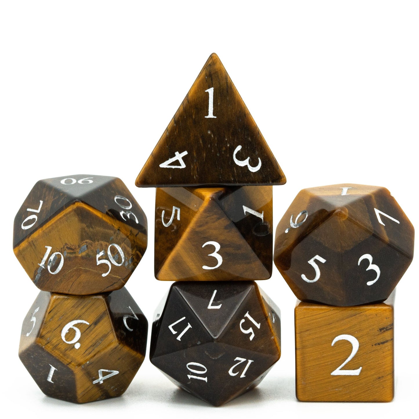 Dwarven Collectables tiger eye stone dice set for DnD & DnD 5e, polished RPG dice with white numbers