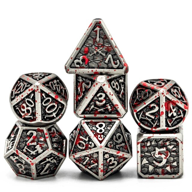 Kings Arsenal Blood Silver Metal Dice Set, 7 piece splattered design for DnD & DnD 5e