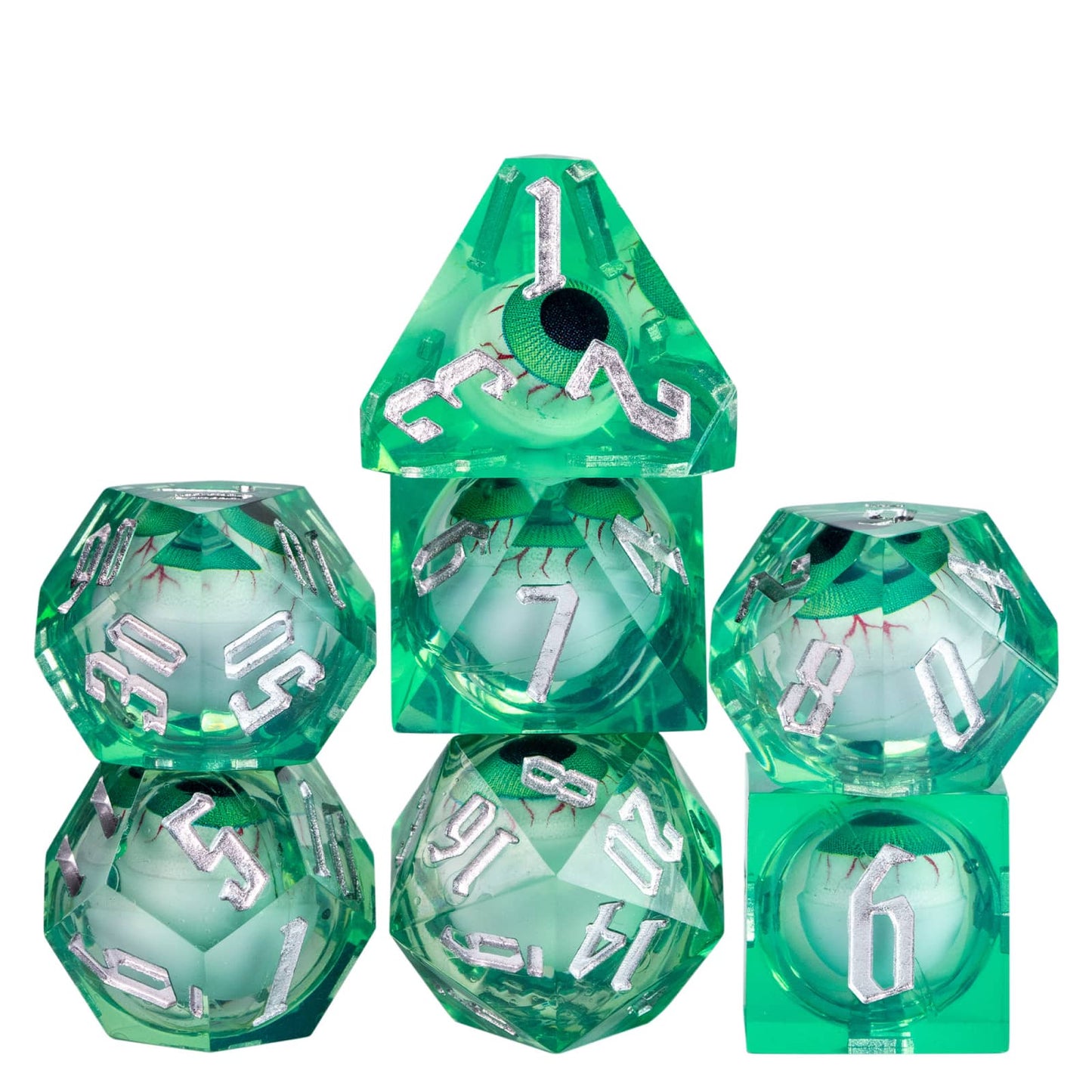 Green Liquid Core Eyeball Dice Set, 7 piece sharp edge resin dice for DnD & DnD 5e