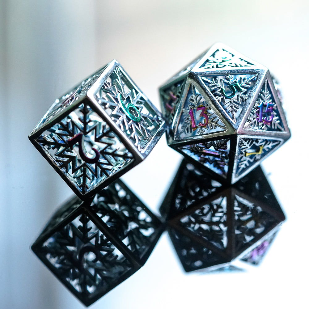 Prismatic silver D6 and D20 reflecting on glass surface, hollow design for DND and RPG games