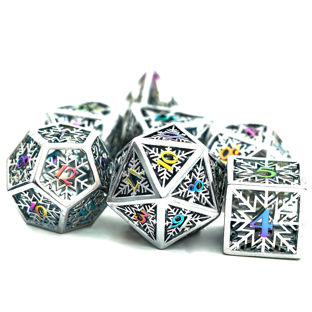 Prismatic snowflake dice set with hollow silver frames and rainbow numbers for RPG and DND