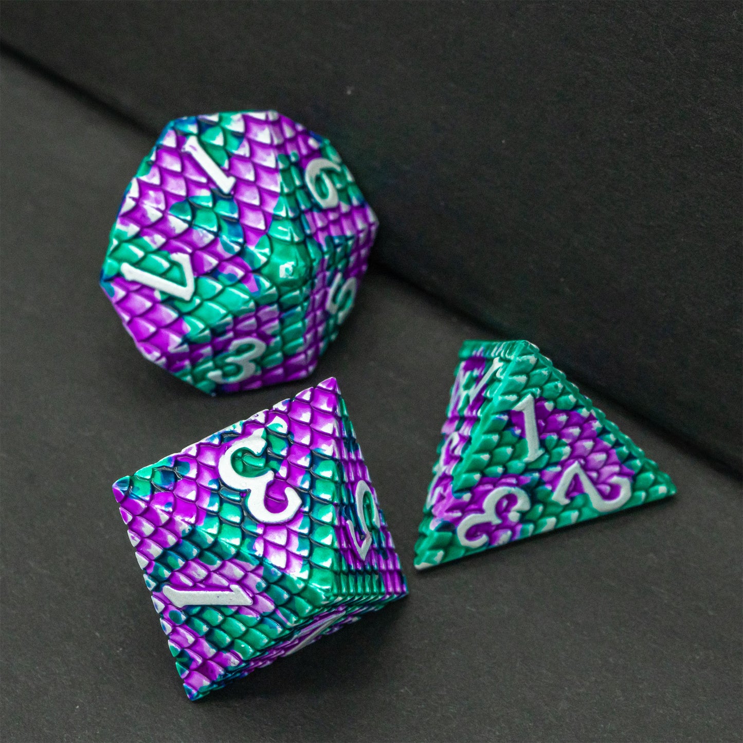 Purple and green dragon scale dice