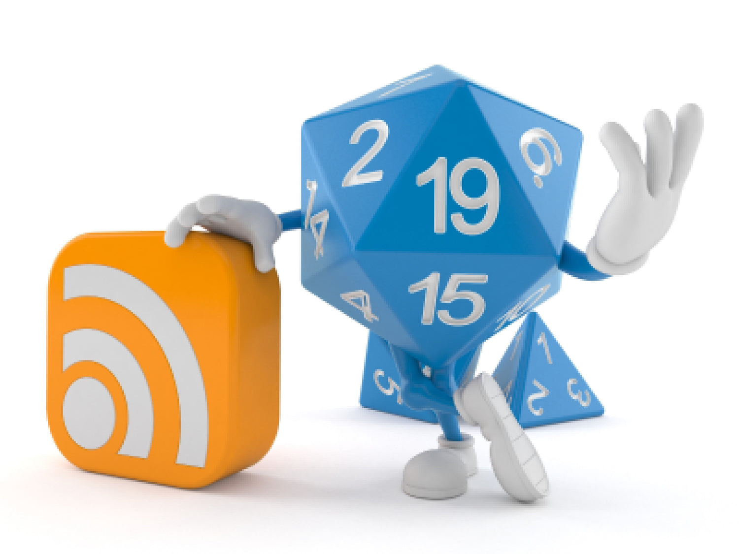 D20 with arms and legs leaning against an internet symbol