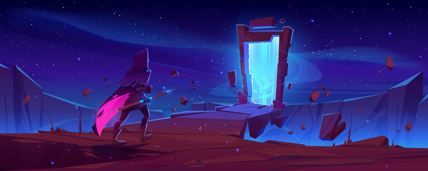 Best D&D websites header image: adventurer carrying a spear walking through a glowing blue doorway