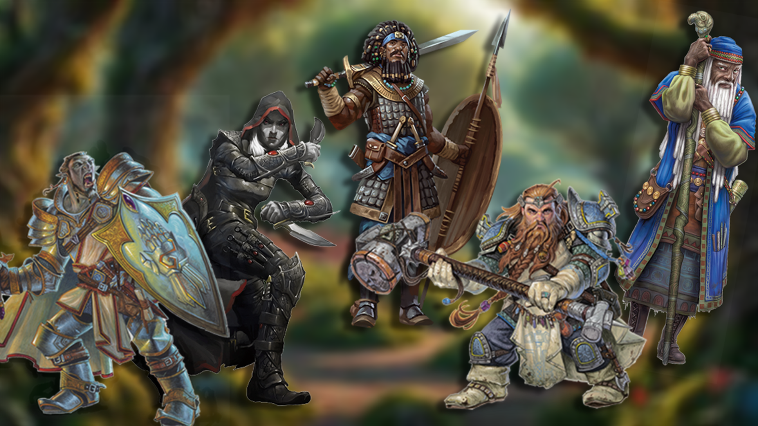 Background forest image with five D&D class options for beginners standing in the foreground