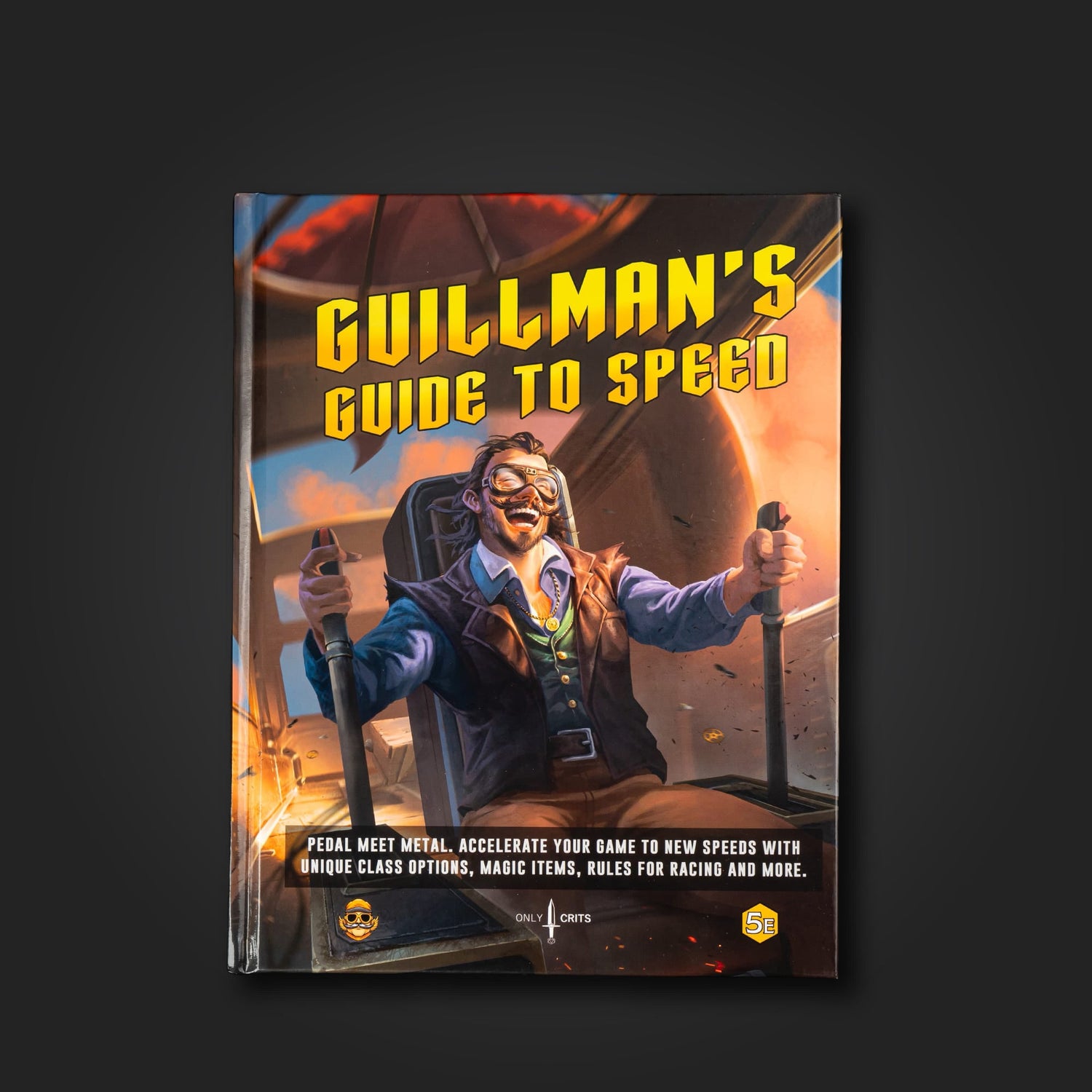 Guillman's Guide to Speed hardcover 5E book featuring cover art of a laughing aviator and racing rules text