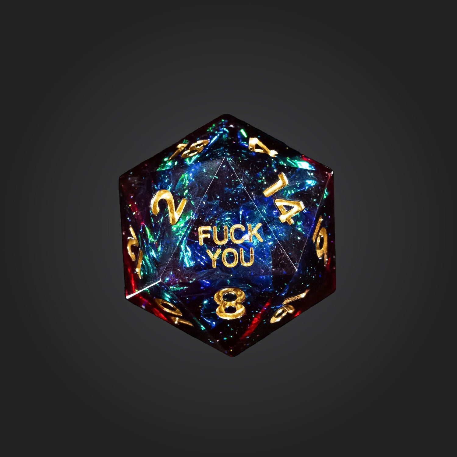 Novelty d20 die featuring "Corrupted Cobalt" design with iridescent blue and green foil inclusions, gold-inked numbers, and a "Fuck You" text replacement on the 20 face