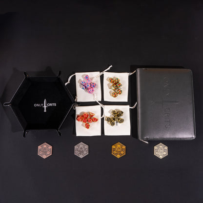 Collector's Chroma Dice Bundle displaying four Chroma metal dice sets, premium Only Crits dice binder, hexagonal dice tray, and four metal inspiration coins for tabletop RPG gaming.