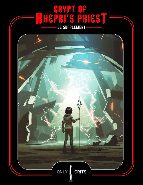 Cover art for 'Crypt of Khepri's Priest' adventure supplement, depicting a character with a staff standing in a dark, rocky environment with glowing crystals.