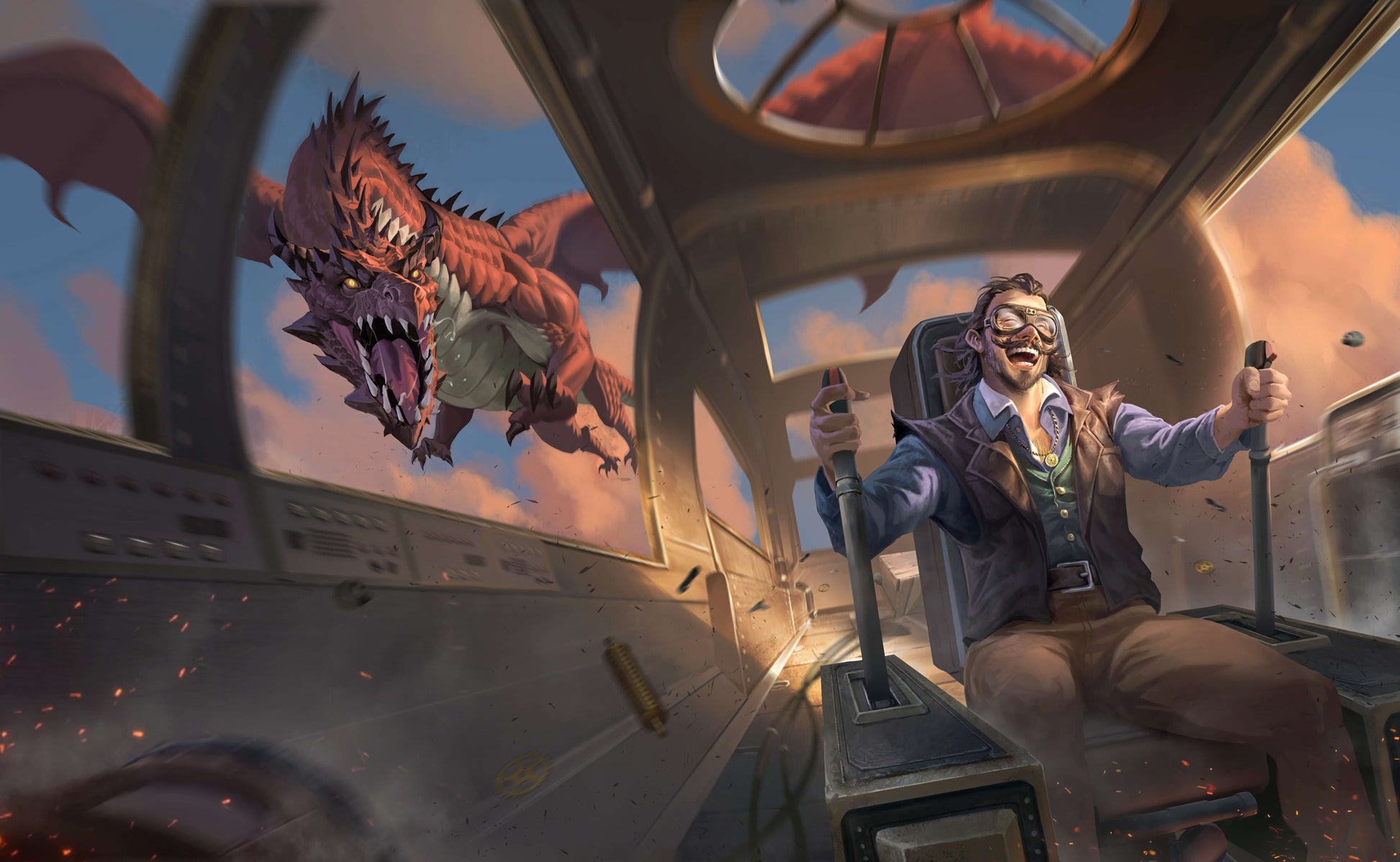 Titlepage Illustration from Guillman’s Guide to Speed showing a dragon chasing a pilot through the cockpit of a fantasy aircraft.