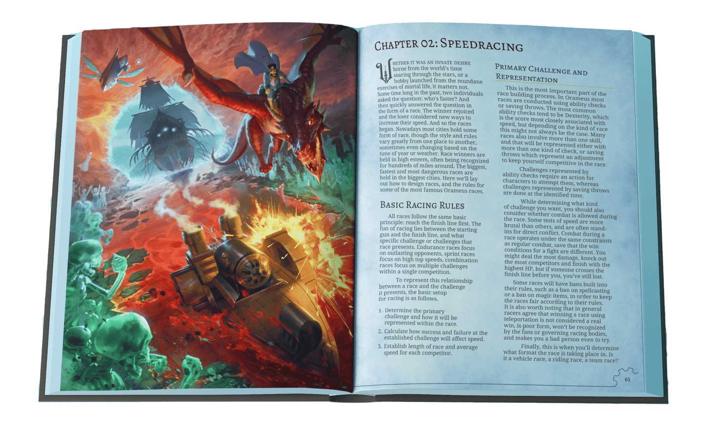 Interior spread from Guillman’s Guide to Speed showing racing rules and art of a magical train, dragon, and ghost ship.