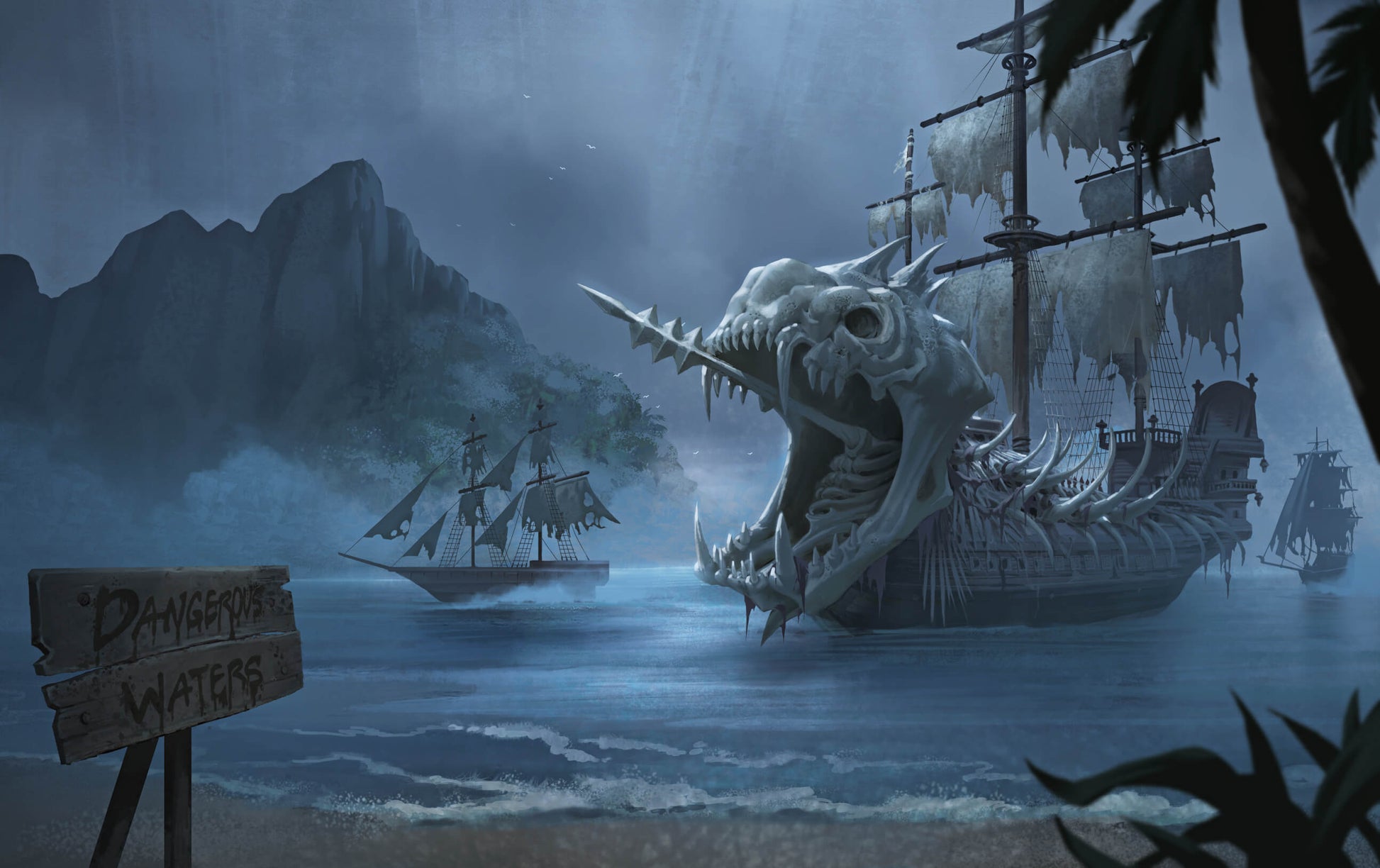 Scene from Guillman’s Guide to Speed featuring a haunted bay with pirate ships and a massive skeletal sea monster vessel.