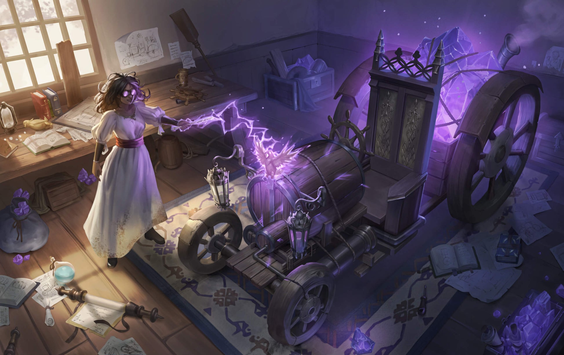 Guillman’s Guide to Speed art of an inventor channeling lightning into a magical vehicle inside a cluttered workshop.
