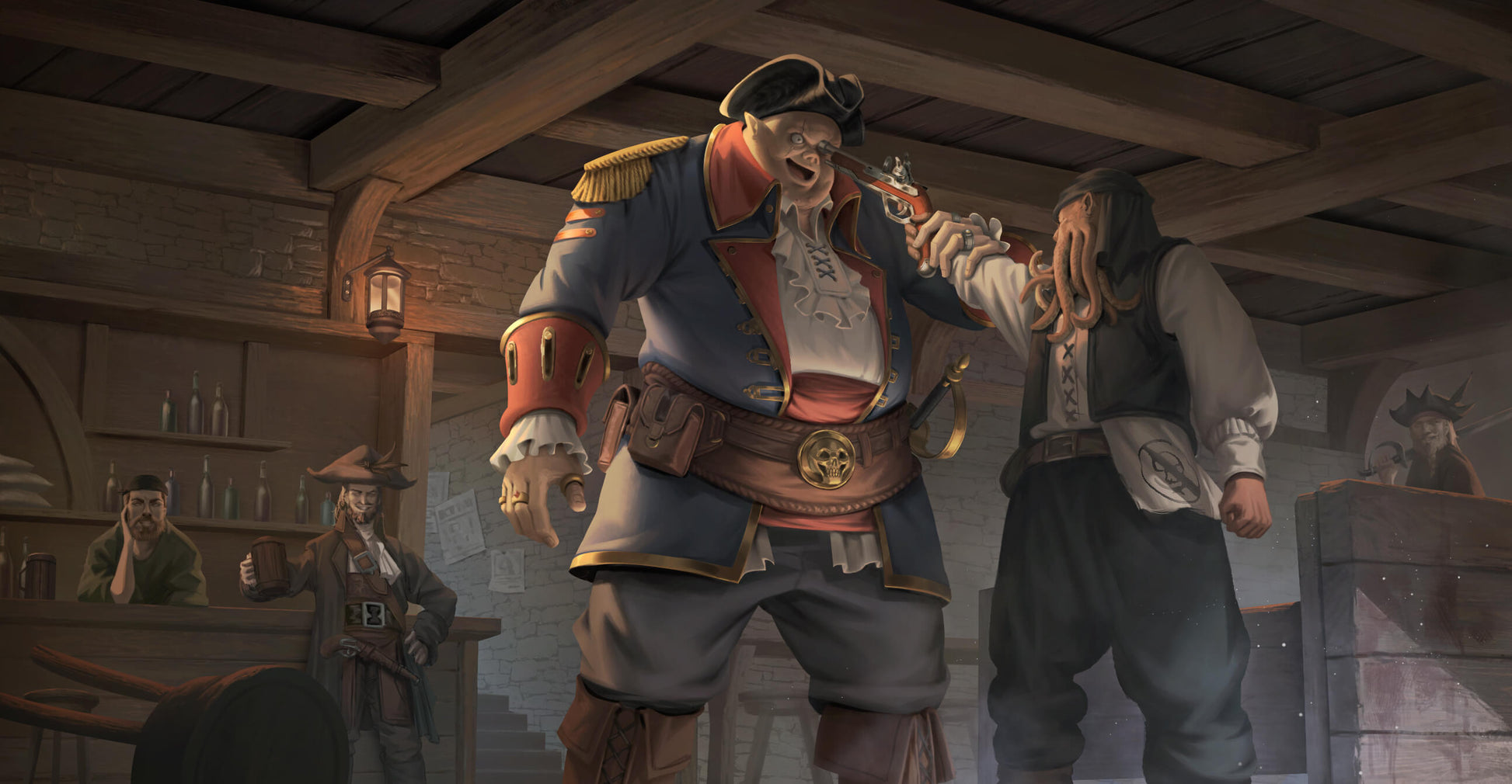 Artwork from Guillman’s Guide to Speed showing a tense standoff between two pirates in a tavern full of onlookers.