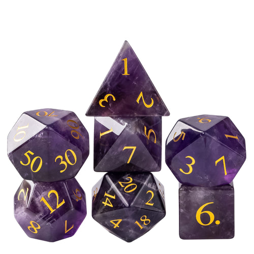 Amethyst gemstone D20 with natural purple marbling and gold numbering