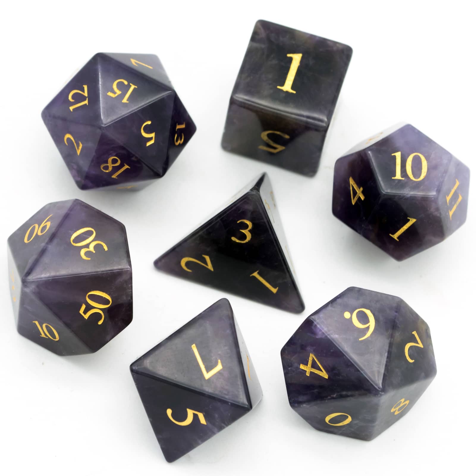 Flat lay of Amethyst Essence Stone Dice Set 7 piece polyhedral dice for DnD 5e and trpg
