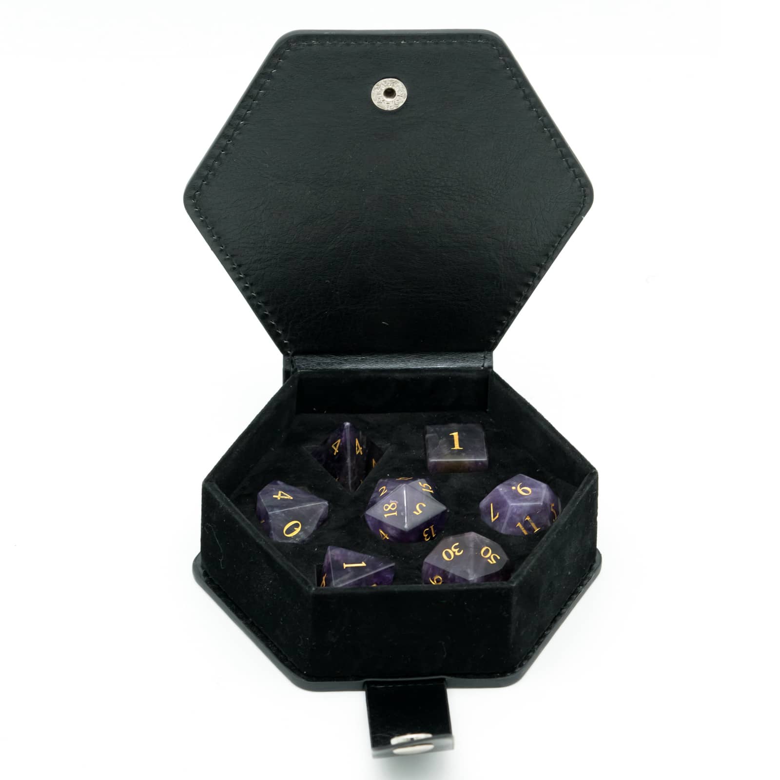 Amethyst Essence Stone Dice Set stored in black hexagon dice case for trpg and dnd