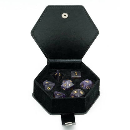 Amethyst Essence Stone Dice Set stored in black hexagon dice case for trpg and dnd