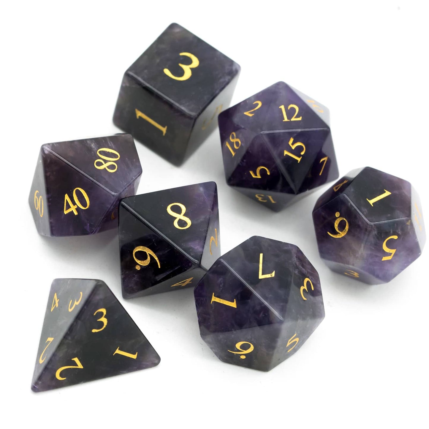 Amethyst Essence Stone Dice Set with engraved numbers for dnd and trpg
