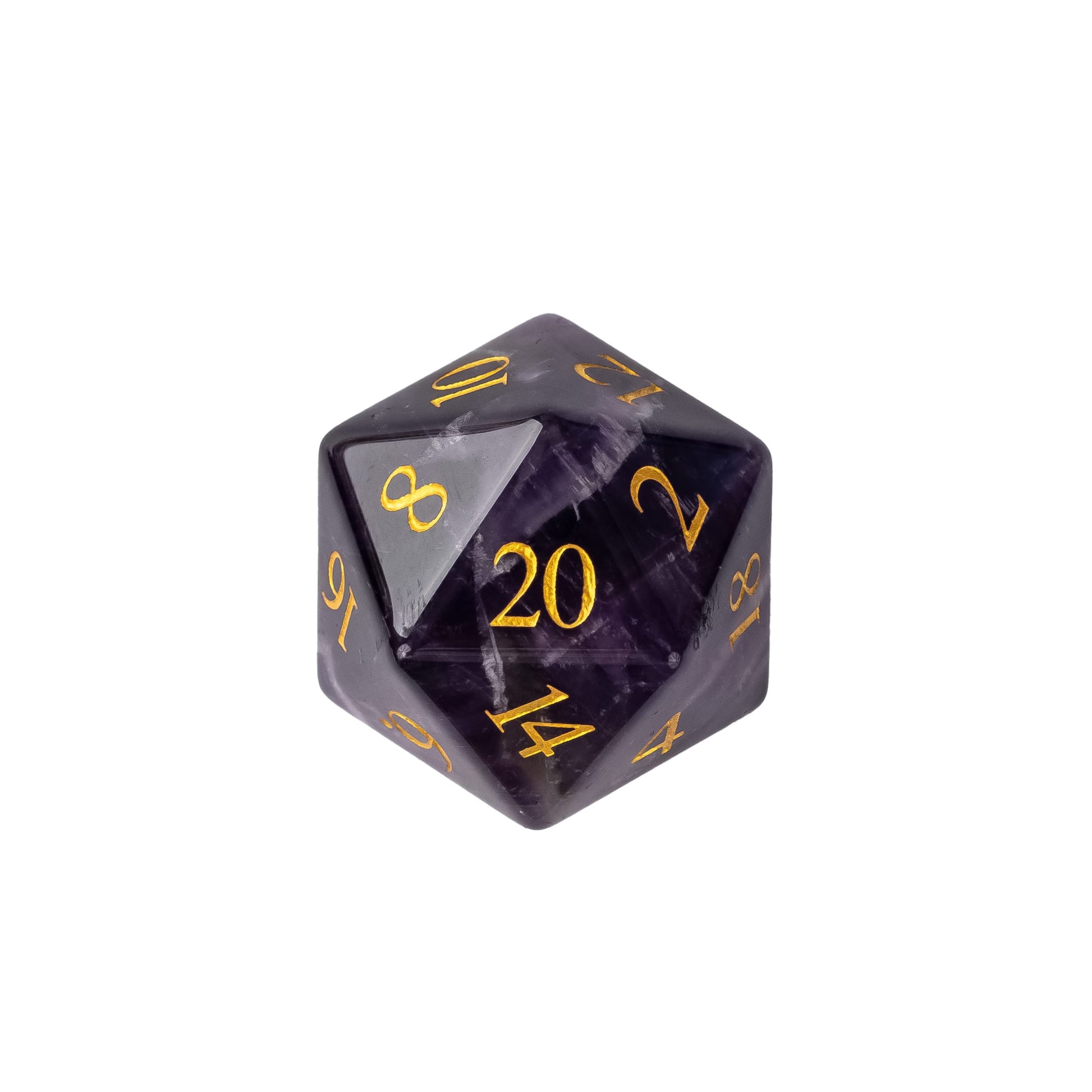 Amethyst stone dice set featuring natural purple gemstone patterns and gold numbering
