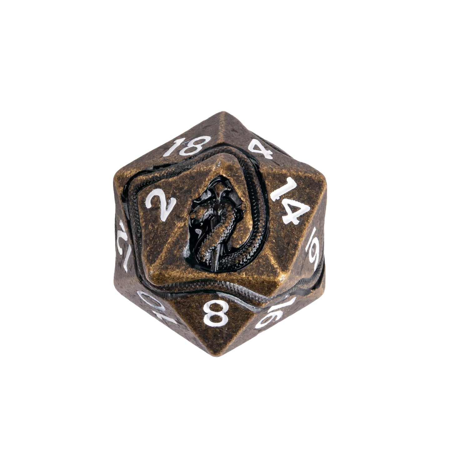 Close up of Ancient Bronze Serpent metal D20 featuring silver metal edges, white numbering
