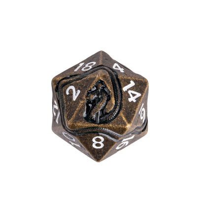 Close up of Ancient Bronze Serpent metal D20 featuring silver metal edges, white numbering