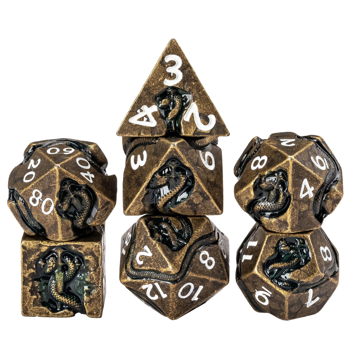 Stacked display of Ancient Bronze Serpent metal dice set showing engraved serpent faces