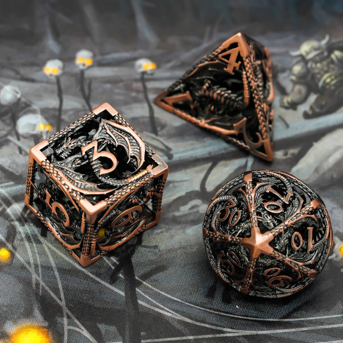 Ancient Copper Dragon D6 D20 and D10 shown on DND-style game mat with skull details