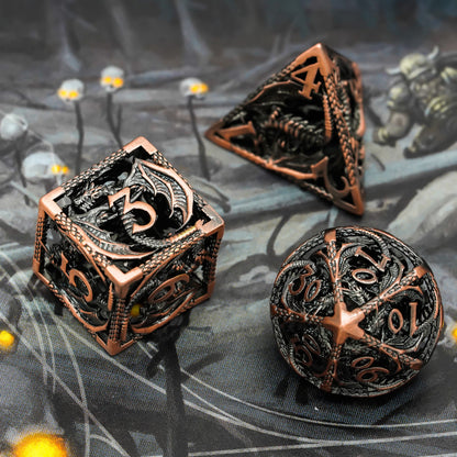 Ancient Copper Dragon D6 D20 and D10 shown on DND-style game mat with skull details