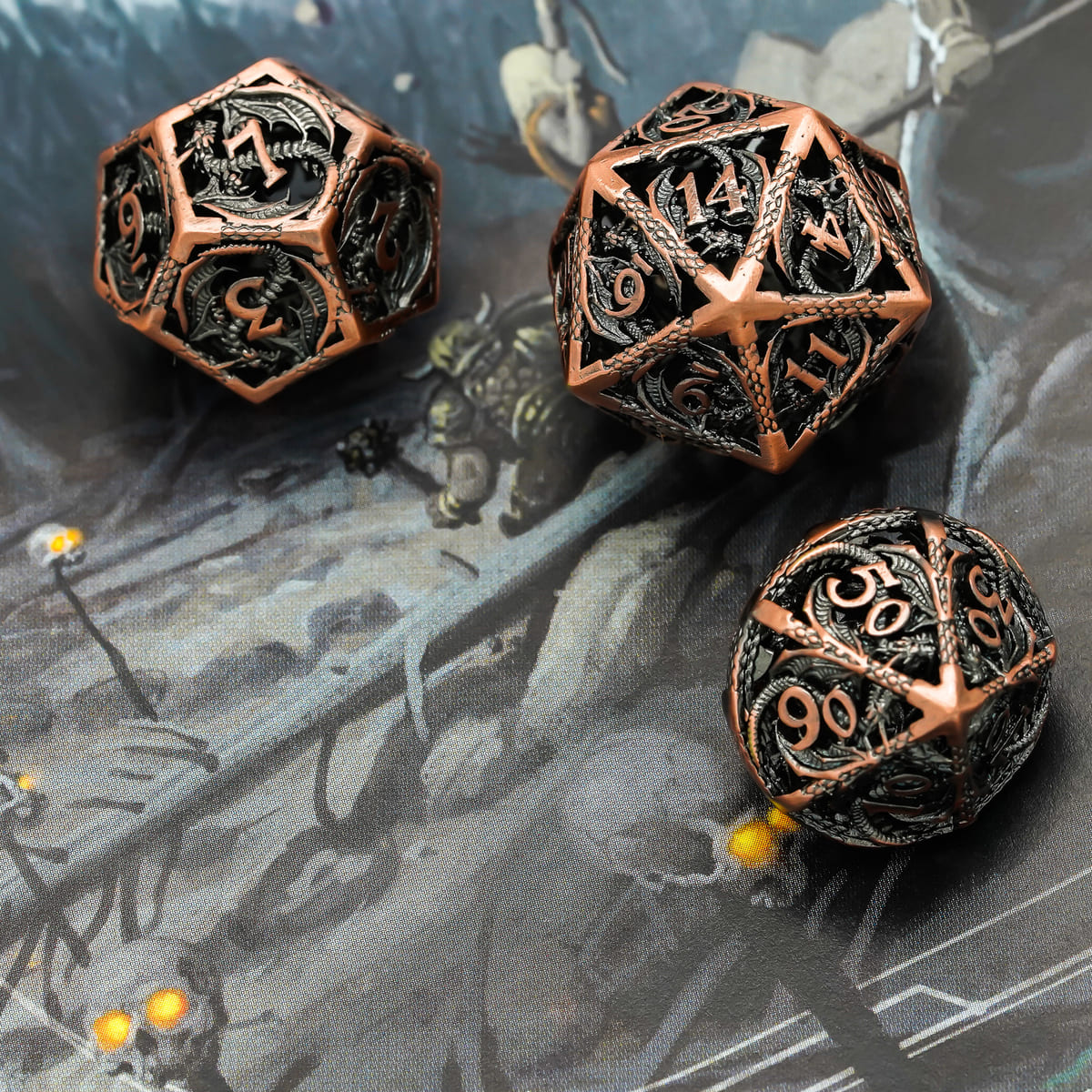Copper DND hollow dice set photographed on dark dungeon-themed map for D&D 5e