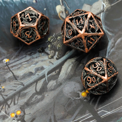 Copper DND hollow dice set photographed on dark dungeon-themed map for D&D 5e