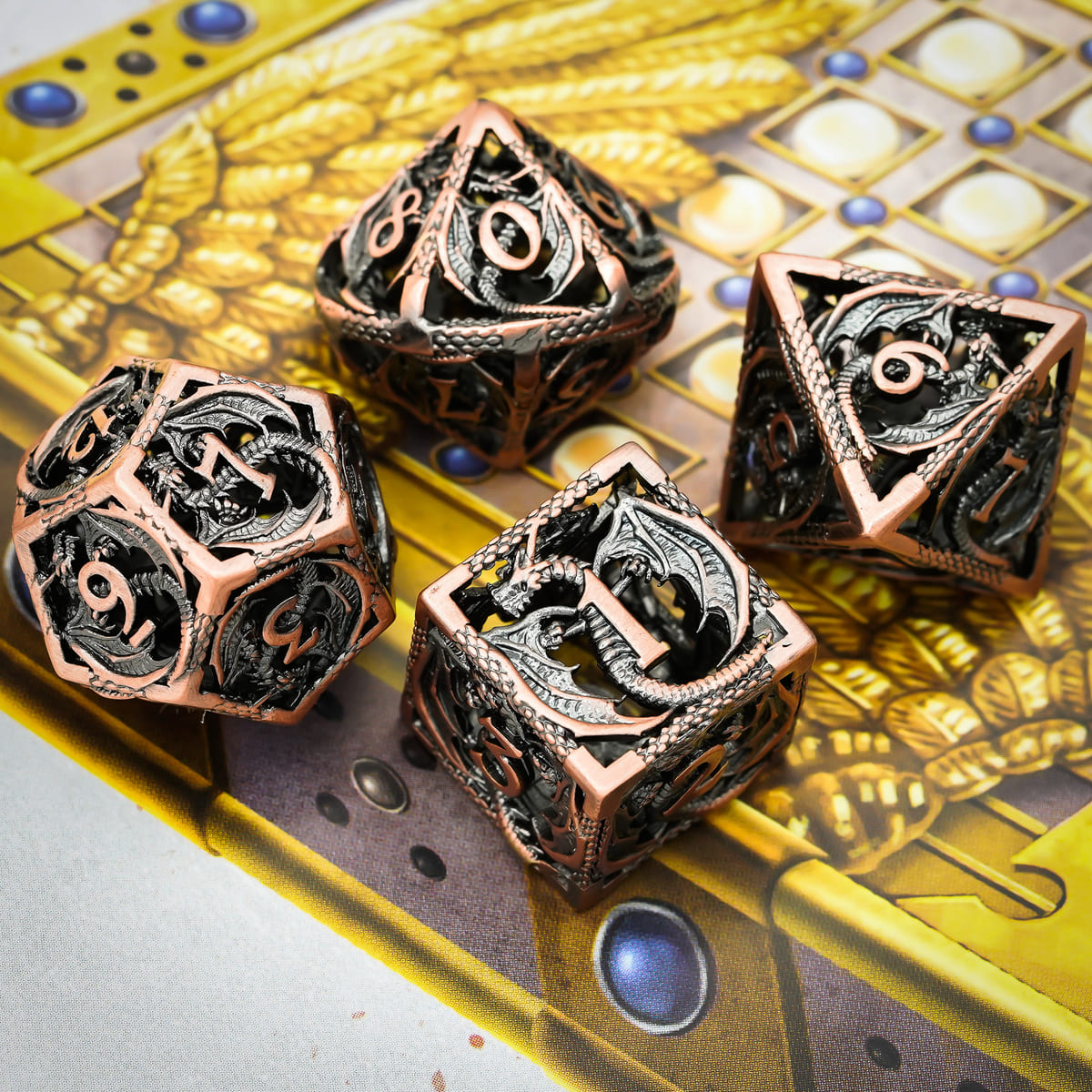 Ancient Copper Dragon hollow dice for DND RPG and D&D 5e displayed on fantasy game board