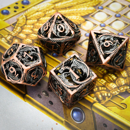 Ancient Copper Dragon hollow dice for DND RPG and D&D 5e displayed on fantasy game board