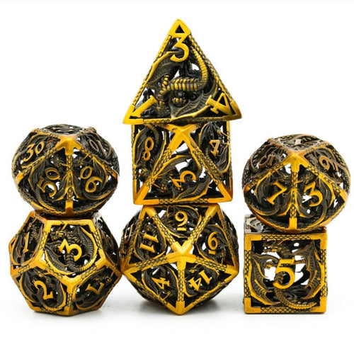 Full set of Ancient Gold Dragon hollow metal dice with gold and black dragon design