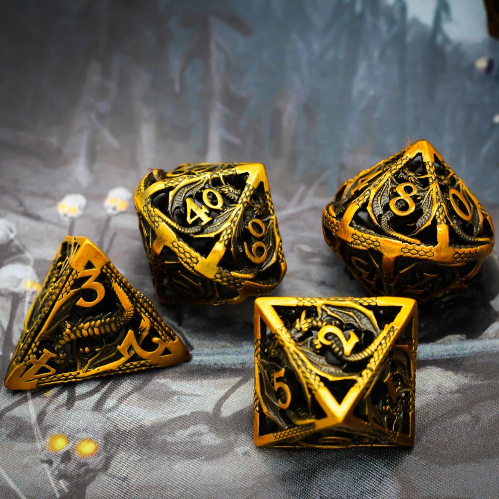 Artistic styled photo of hollow gold dragon dice on dark fantasy background