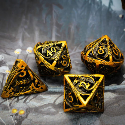 Artistic styled photo of hollow gold dragon dice on dark fantasy background