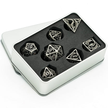 Ancient Silver Dragon hollow metal dice set displayed in protective metal case